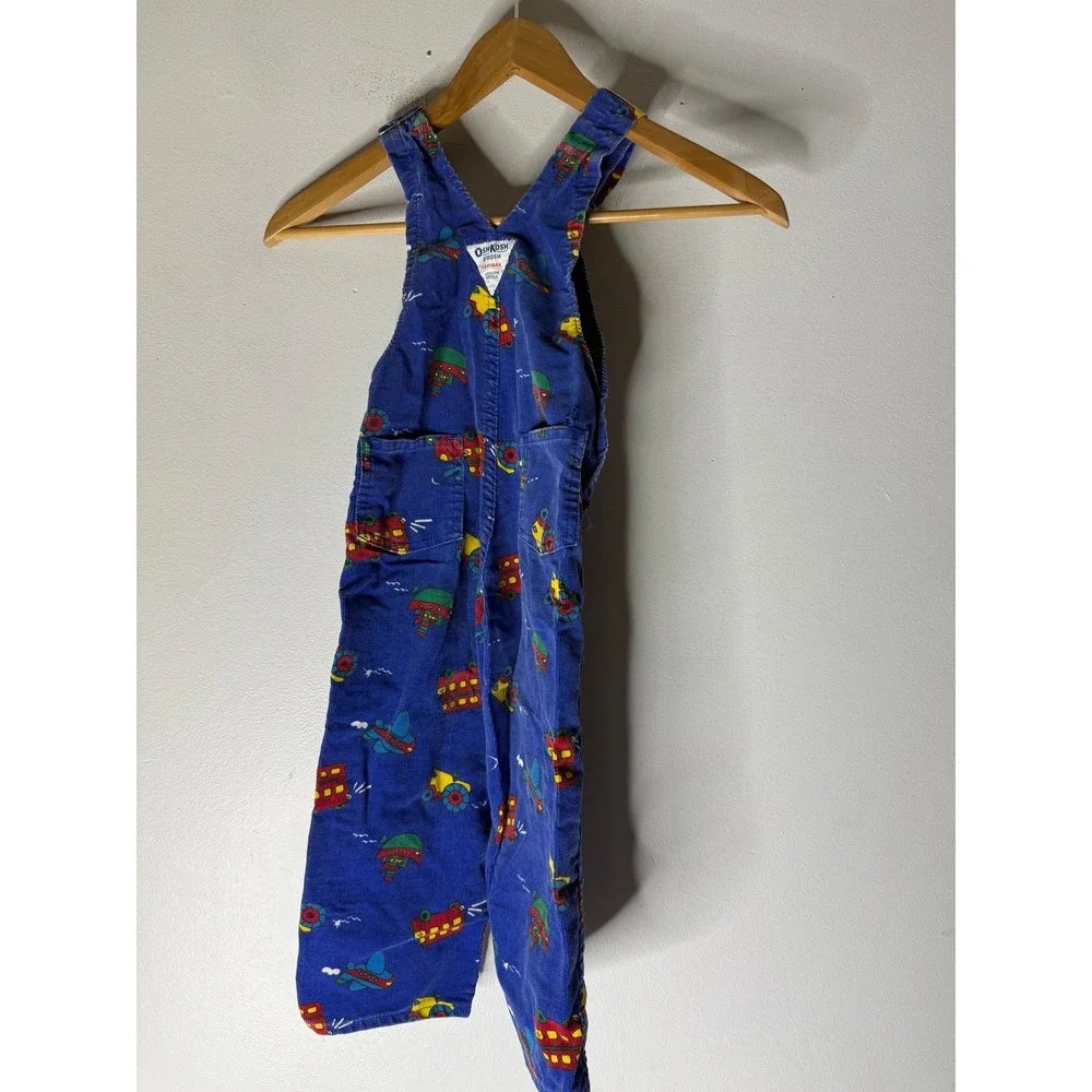 VTG Oshkosh Overalls Corduroy Trains‎ All Over Print Vestbak Sz 4t USA Blue